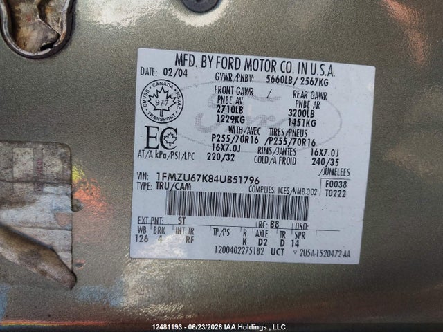 Продажа на аукционе авто 2004 Ford Explorer Sport Trac Xlt, vin: 1FMZU67K84UB51796, номер лота: 12481193