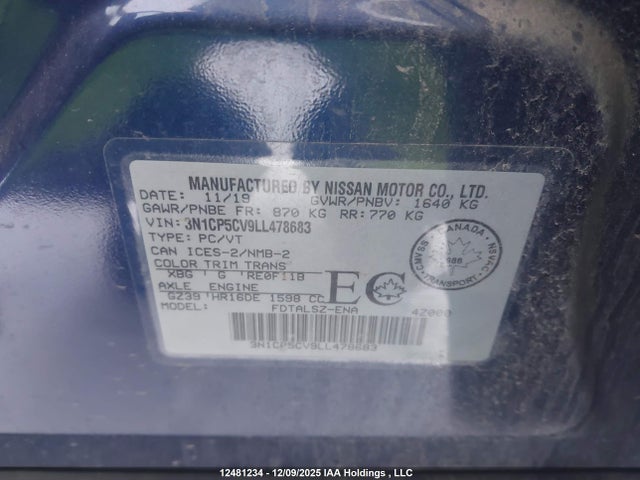 3N1CP5CV9LL478683 Nissan KICKS SV
