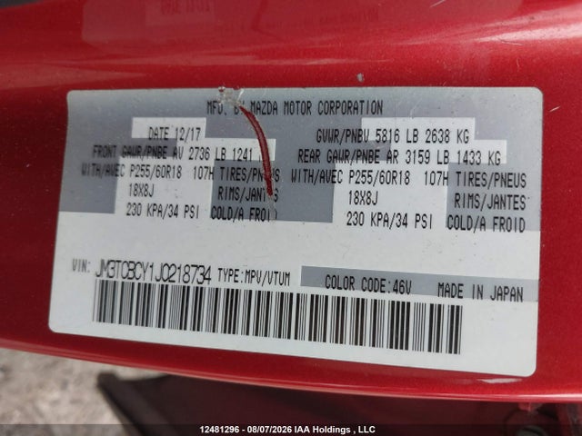12481296 :رقم المزاد ، JM3TCBCY1J0218734 vin ، 2018 Mazda Cx-9 Gs-l مزاد بيع