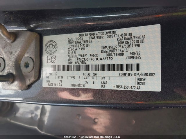 1FMCU0F70HUA33750 Ford ESCAPE S