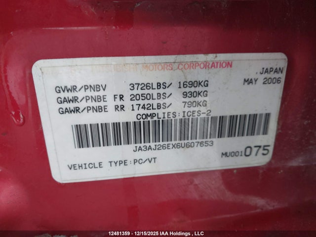 Aukcja sprzedaży 2006 Mitsubishi Lancer Es/se, vin: JA3AJ26EX6U607653, numer aukcji: 12481359
