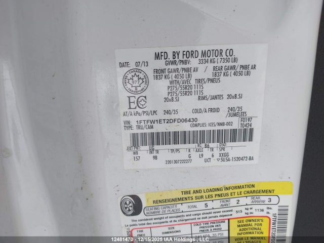 2013 Ford F-150 Platinum მანქანა იყიდება აუქციონზე, vin: 1FTFW1ET2DFD06430, აუქციონის ნომერი: 12481470