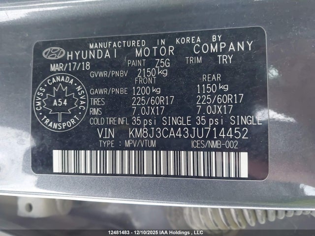 KM8J3CA43JU714452 Hyundai Tucson Limited/sport And Eco/se