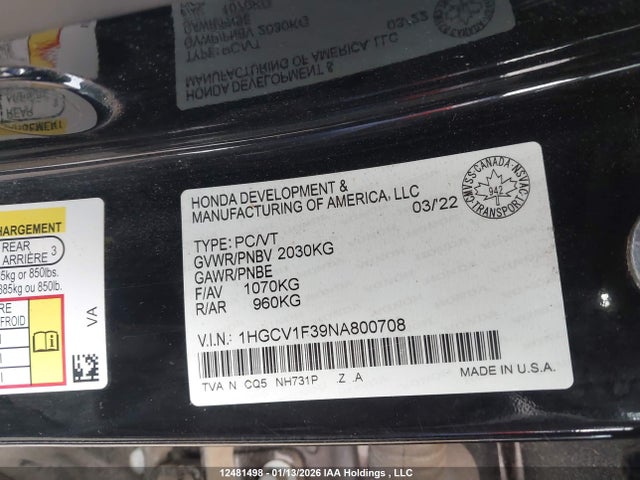 1HGCV1F39NA800708 Honda Accord Sport