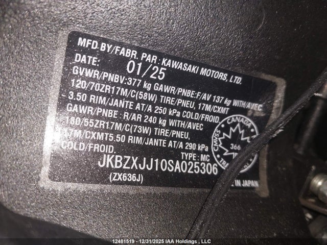 Aukcja sprzedaży 2025 Kawasaki Zx636 K, vin: JKBZXJJ10SA025306, numer aukcji: 12481519