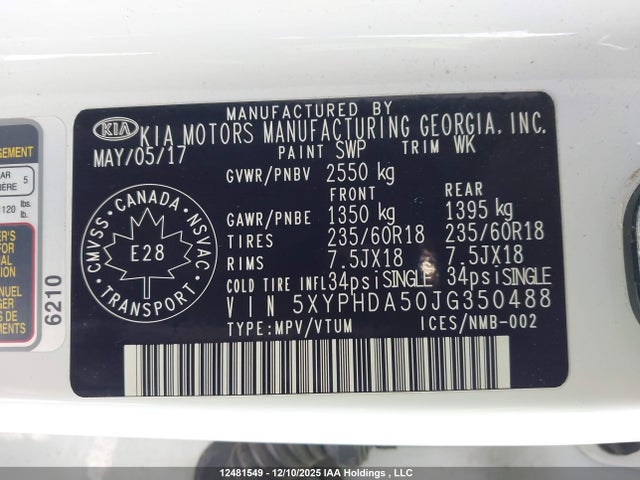 5XYPHDA50JG350488 KIA SORENTO EX