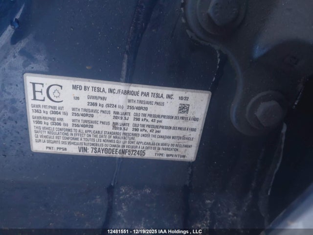 7SAYGDEE4NF572405 Tesla Model Y Long Range