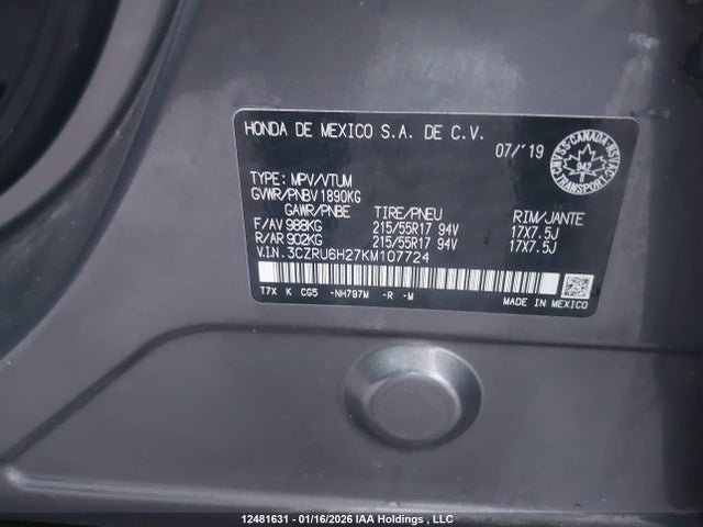2019 Honda Hr-v Sport მანქანა იყიდება აუქციონზე, vin: 3CZRU6H27KM107724, აუქციონის ნომერი: 12481631