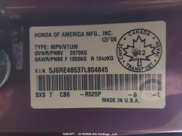 12481677 :رقم المزاد ، 5J6RE48537L804845 vin ، 2007 Honda Cr-v مزاد بيع