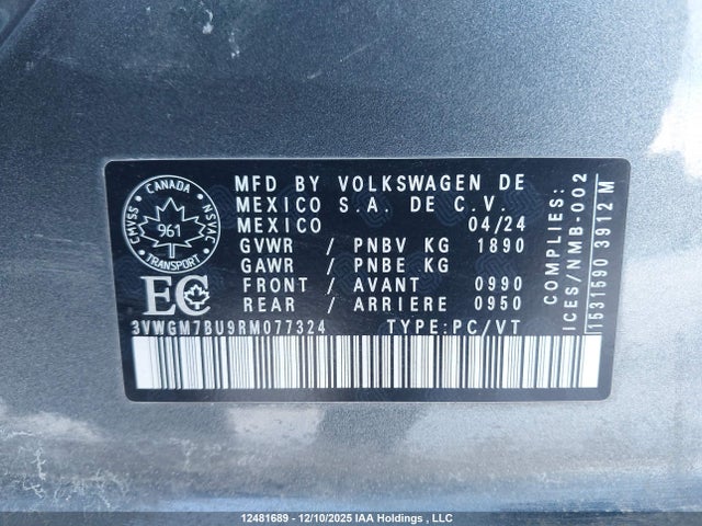 2024 Volkswagen Jetta Highline მანქანა იყიდება აუქციონზე, vin: 3VWGM7BU9RM077324, აუქციონის ნომერი: 12481689