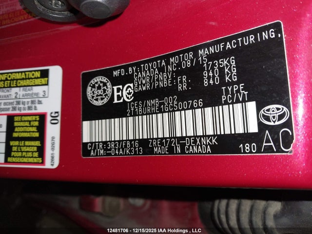 2T1BURHE1GC500766 Toyota Corolla