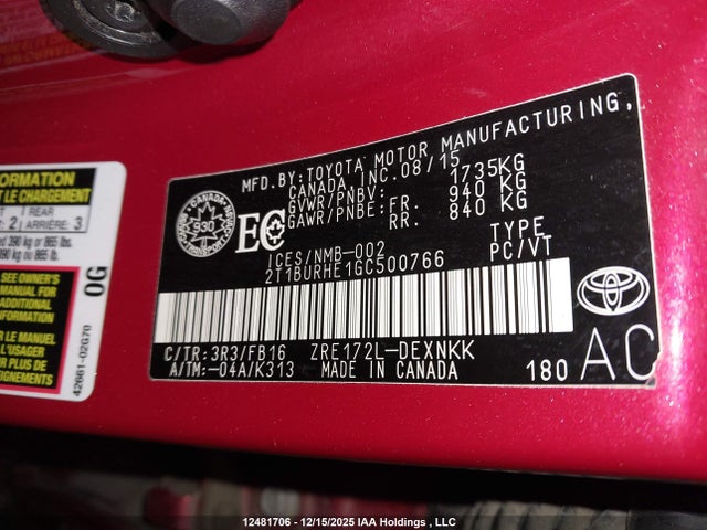 2T1BURHE1GC500766 Toyota Corolla