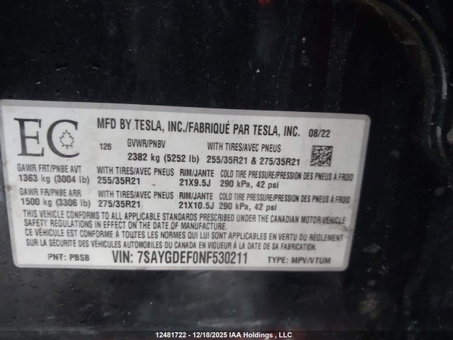 7SAYGDEF0NF530211 Tesla Model Y Performance
