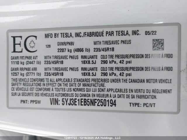 Продажа на аукционе авто 2022 Tesla Model 3 Long Range, vin: 5YJ3E1EB5NF250194, номер лота: 12481723