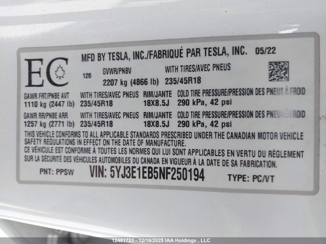 Продажа на аукционе авто 2022 Tesla Model 3 Long Range, vin: 5YJ3E1EB5NF250194, номер лота: 12481723