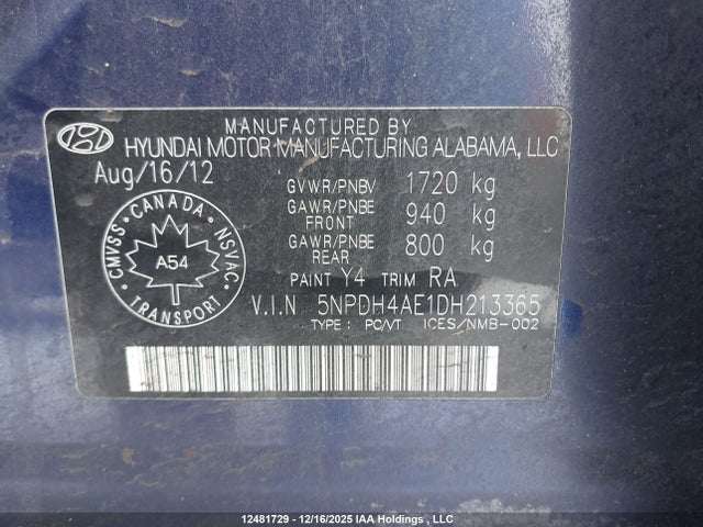 Продажа на аукционе авто 2013 Hyundai Elantra, vin: 5NPDH4AE1DH213365, номер лота: 12481729
