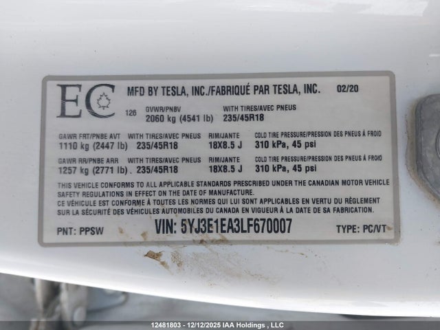 5YJ3E1EA3LF670007 Tesla Model 3 Standard Range Plus