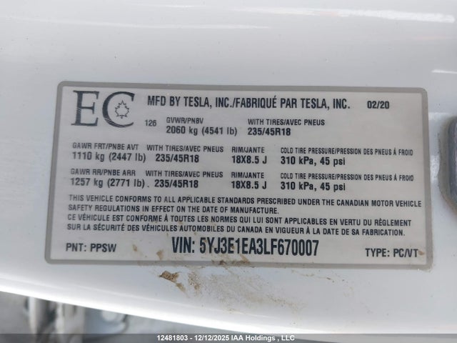 5YJ3E1EA3LF670007 Tesla Model 3 Standard Range Plus
