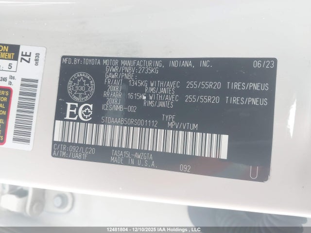 Aukcja sprzedaży 2024 Toyota Grand Highlander Limited, vin: 5TDAAAB50RS001112, numer aukcji: 12481804