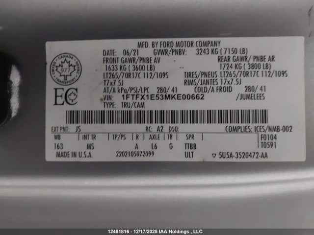Aukcja sprzedaży 2021 Ford F150 Super Cab, vin: 1FTFX1E53MKE00662, numer aukcji: 12481816
