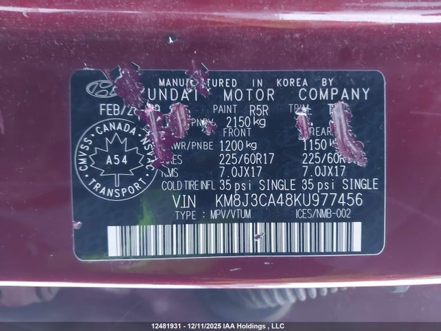 Продажа на аукционе авто 2019 Hyundai Tucson Preferred, vin: KM8J3CA48KU977456, номер лота: 12481931