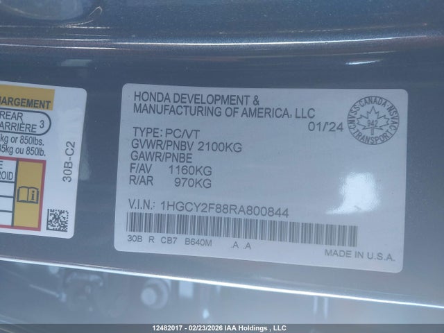 12482017 :رقم المزاد ، 1HGCY2F88RA800844 vin ، 2024 Honda Accord Touring Hybrid مزاد بيع