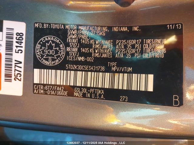 2014 Toyota Sienna მანქანა იყიდება აუქციონზე, vin: 5TDZK3DC5ES431736, აუქციონის ნომერი: 12482037