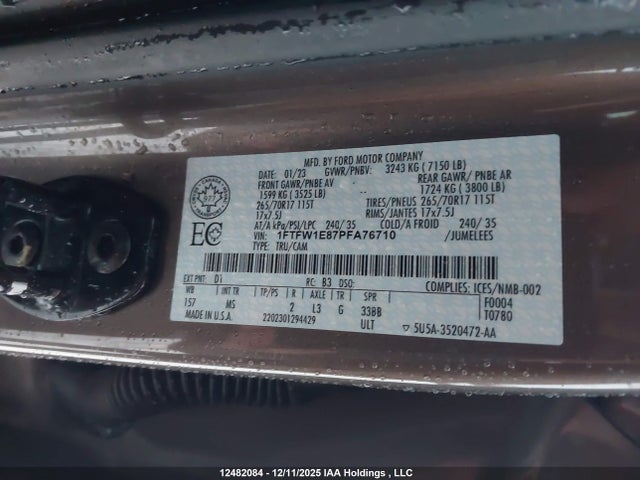 2023 Ford F150 Supercrew მანქანა იყიდება აუქციონზე, vin: 1FTFW1E87PFA76710, აუქციონის ნომერი: 12482084