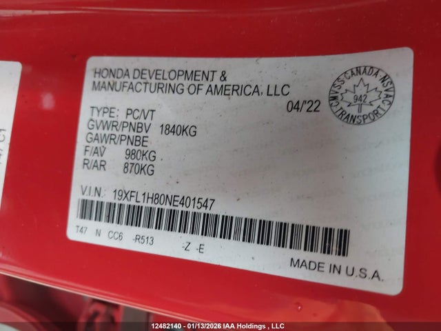19XFL1H80NE401547 Honda Civic Sport/sport Touring