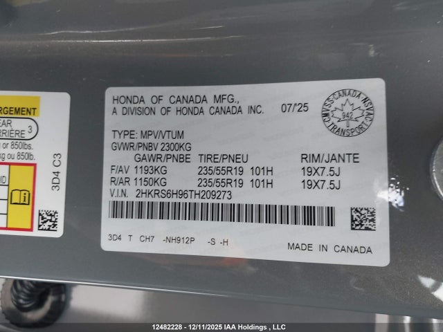 Продаж на аукціоні авто 2026 Honda Cr-v Hybrid Touring, vin: 2HKRS6H96TH209273, номер лоту: 12482228