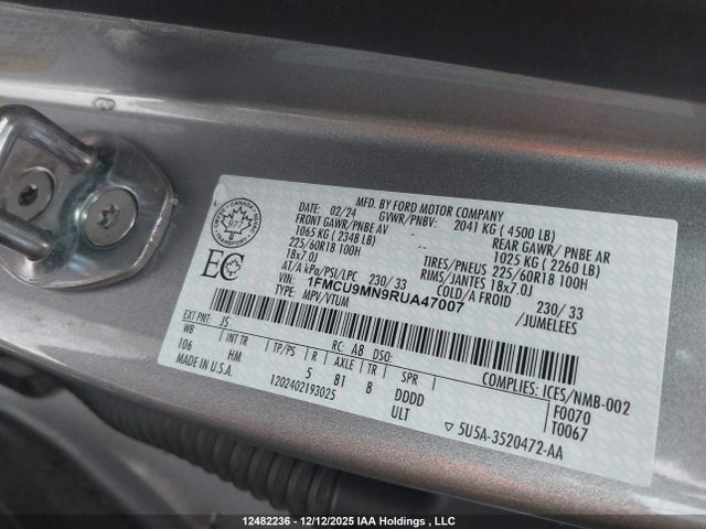 12482236 :رقم المزاد ، 1FMCU9MN9RUA47007 vin ، 2024 Ford Escape St Line مزاد بيع