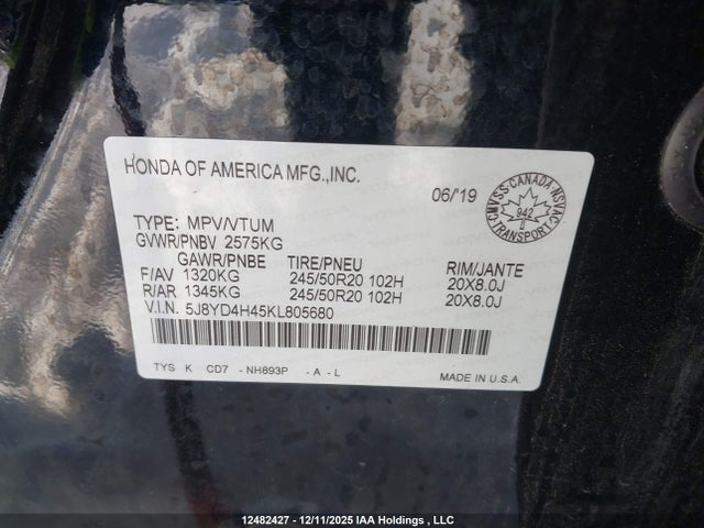 5J8YD4H45KL805680 Acura Mdx Tech
