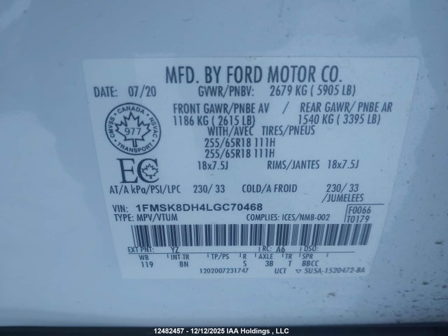 Продаж на аукціоні авто 2020 Ford Explorer Xlt, vin: 1FMSK8DH4LGC70468, номер лоту: 12482457