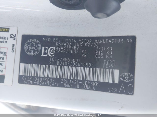 Aukcja sprzedaży 2009 Toyota Corolla S/le/xle, vin: 2T1BU40E29C010581, numer aukcji: 12482468