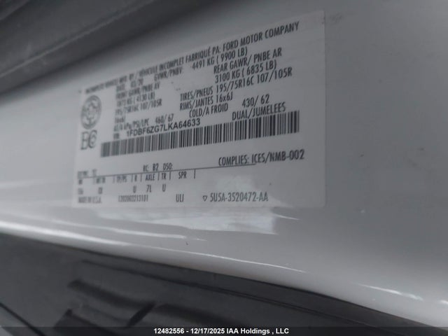 1FDBF6ZG7LKA64633 Ford Transit-350 Cab