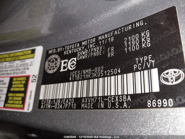 4T1B21HK3KU512504 Toyota Camry Hybrid Se
