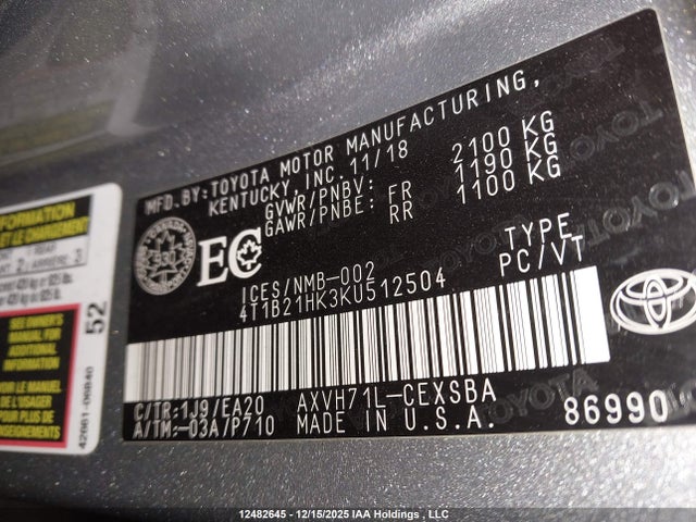 4T1B21HK3KU512504 Toyota Camry Hybrid Se