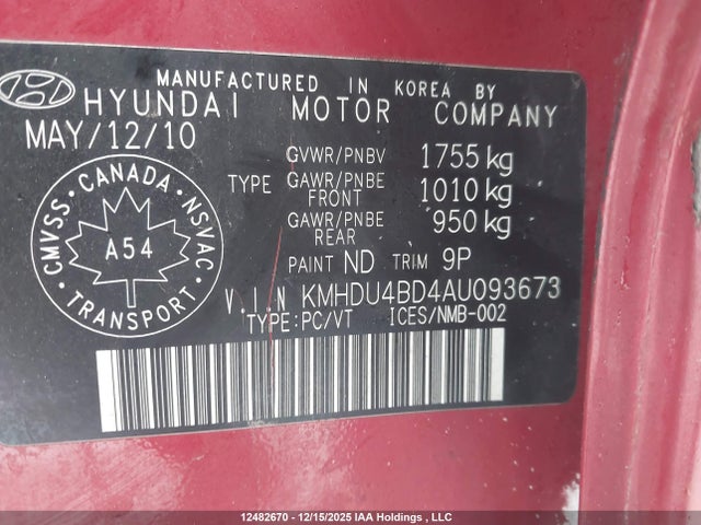 12482670 :رقم المزاد ، KMHDU4BD4AU093673 vin ، 2010 Hyundai Elantra Gl مزاد بيع