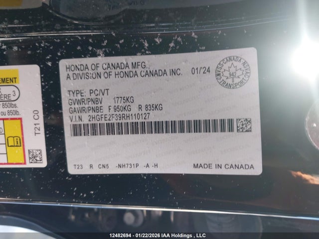 Aukcja sprzedaży 2024 Honda Civic Ex 4dr, vin: 2HGFE2F39RH110127, numer aukcji: 12482694