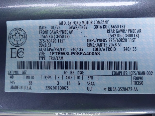 12482696 :رقم المزاد ، 1FTEW3LP0SFA40058 vin ، 2025 Ford F150 Xlt مزاد بيع