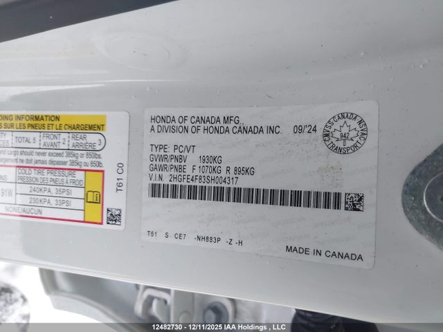 2HGFE4F83SH004317 Honda Civic Hybrid Sport/sport Touring