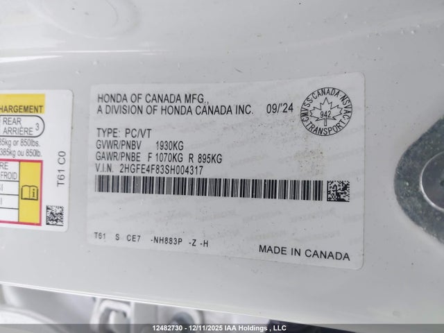 2HGFE4F83SH004317 Honda Civic Hybrid Sport/sport Touring