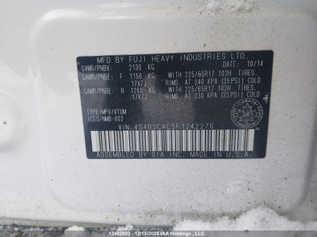 Subaru Outback 2.5i 2015 4S4BSCAC5F1242276 Image 9