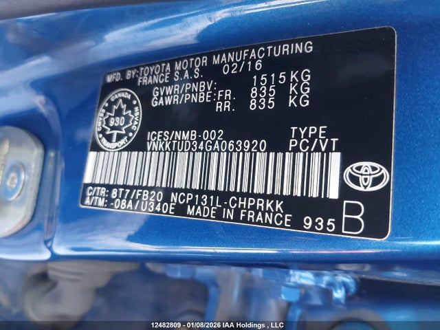 VNKKTUD34GA063920 Toyota YARIS LE