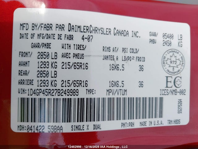 Продажа на аукционе авто 2007 Dodge Caravan Sxt, vin: 1D4GP45R27B249989, номер лота: 12482998