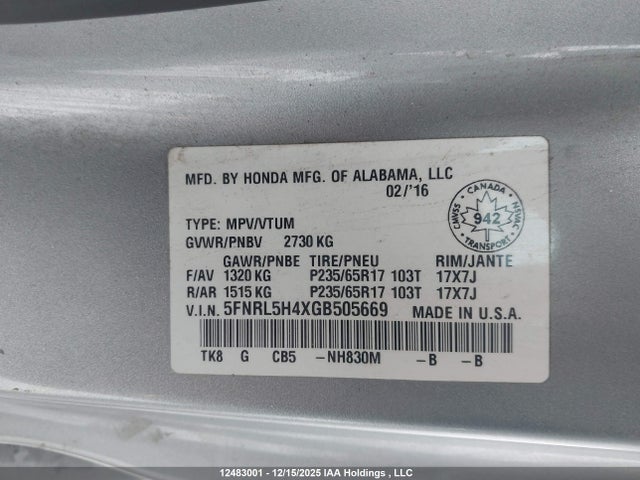 5FNRL5H4XGB505669 Honda ODYSSEY EX