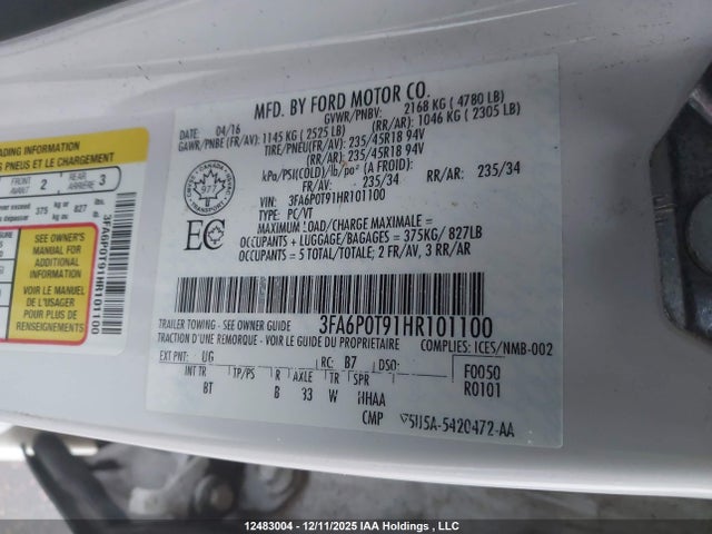 Ford FUSION SE 2017 3FA6P0T91HR101100 Image 18