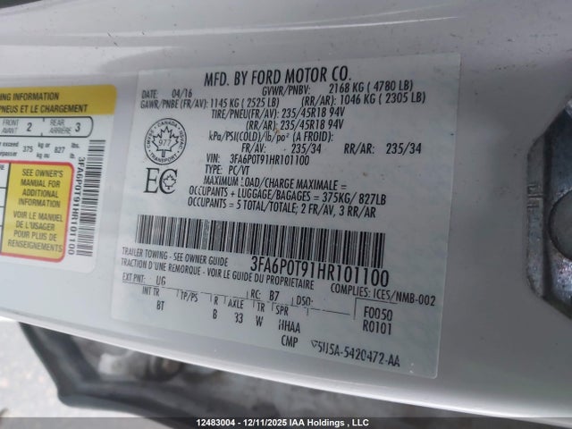 Ford FUSION SE 2017 3FA6P0T91HR101100 Image 9