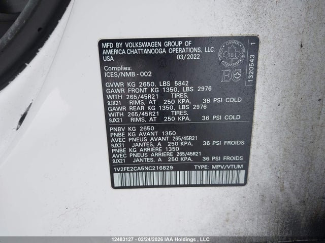 1V2FE2CA5NC216829 Volkswagen ATLAS CROSS SPORT