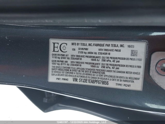 Aukcja sprzedaży 2023 Tesla Model 3 Rwd, vin: 5YJ3E1EA8PF679856, numer aukcji: 12483197